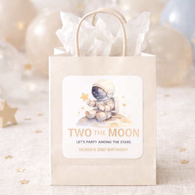 Two the Moon Space Astronaut 2nd Birthday Favour  Square Sticker (two the moon sticker)