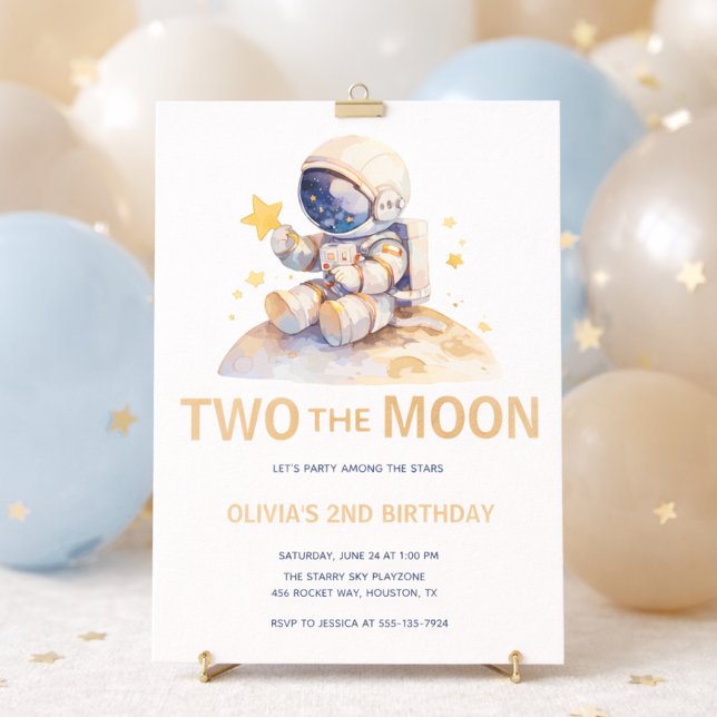 Two The Moon Space Astronaut 2nd Birthday Invitation (two the moon girls space invite)