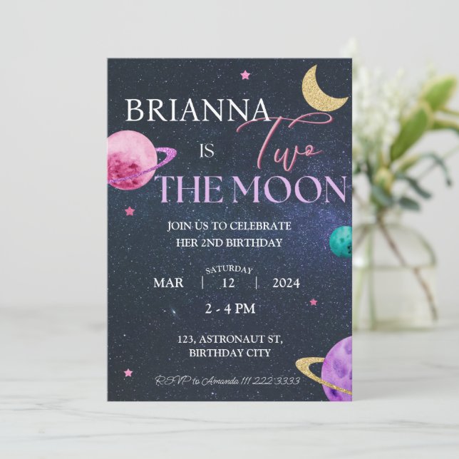 Two the Moon Space Girl 2nd Galaxy Birthday Invitation (Standing Front)