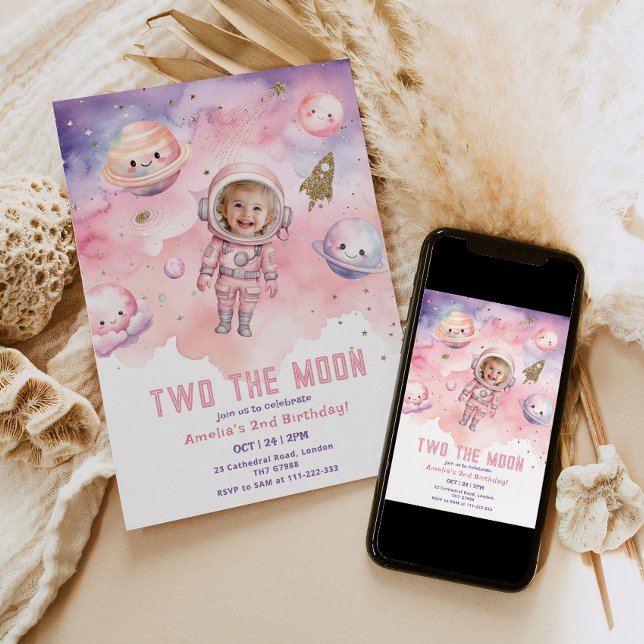 Two the Moon Space girl Astronaut photo birthday Invitation (Creator Uploaded)