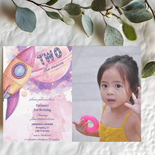 Two The Moon Space Ship 2nd Photo Pink Birthday  Invitation