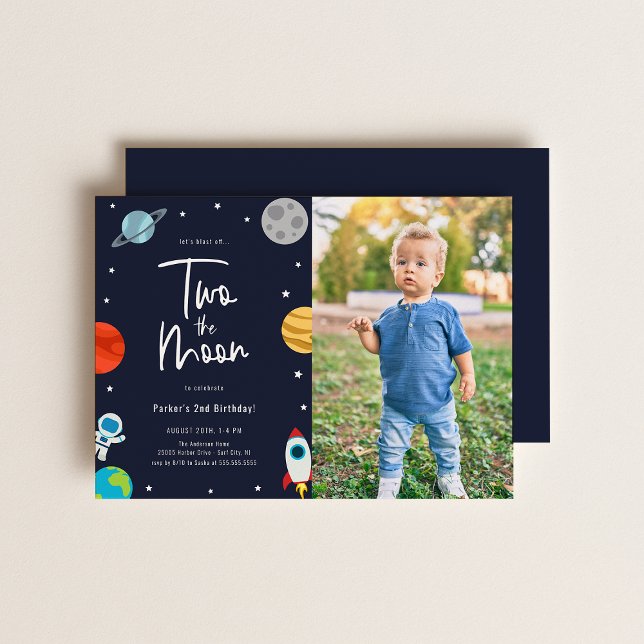 Two The Moon Space Theme Birthday Party Photo Invitation (Creator Uploaded)
