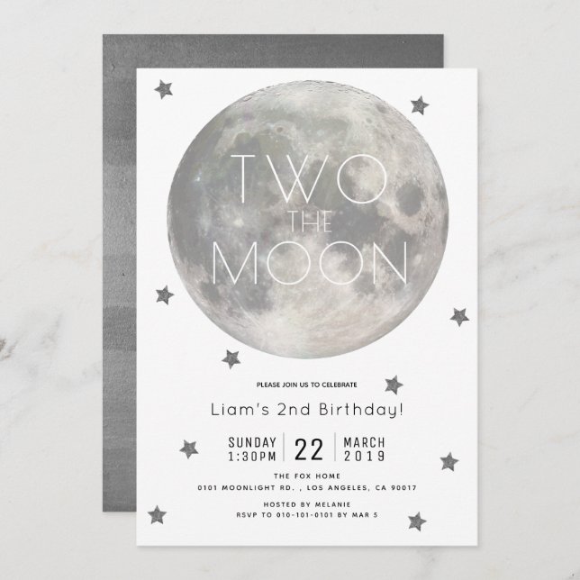 Two the Moon White Silver Boy 2nd Birthday Invitation (Front/Back)
