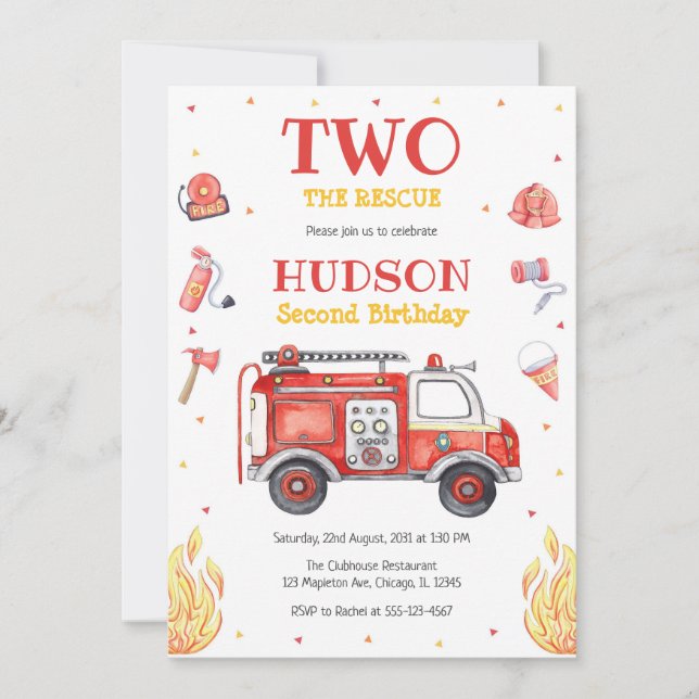Two the Rescue Firetruck 2nd Birthday Invitation (Front)