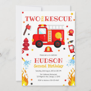 Two the Rescue Firetruck 2nd Birthday Invitation