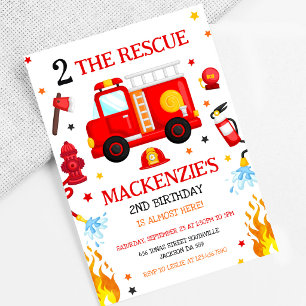 Two The Rescue Firetruck 2nd Birthday Invitation
