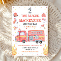 Two The Rescue Firetruck 2nd Birthday Invitation