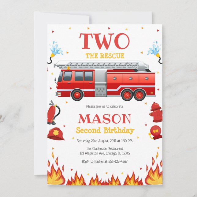 Two the Rescue Firetruck 2nd Birthday Invitation (Front)