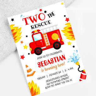 Two the Rescue Firetruck Firefighter 2nd Birthday Invitation