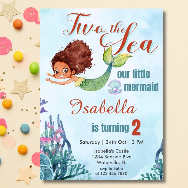 Two the Sea brown Mermaid Girls 2nd birthday Invitation (Creator Uploaded)