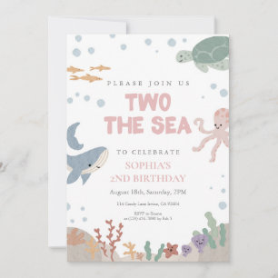 Two the Sea Cute Pink Watercolor Girl 2nd Birthday Invitation