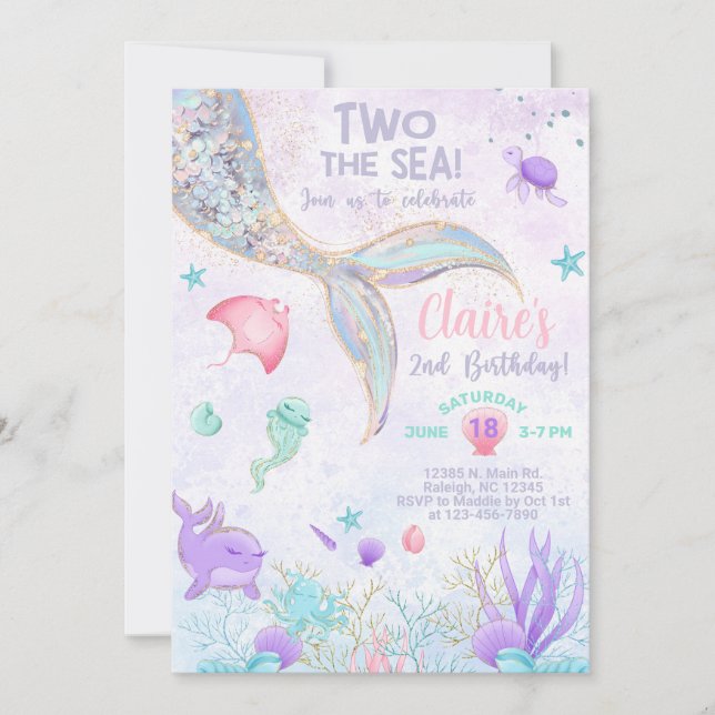 Two the Sea girl 2nd birthday mermaid tail invite. Invitation (Front)