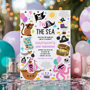 Two The Sea Girl Pink Pirate 2nd Birthday Party Invitation