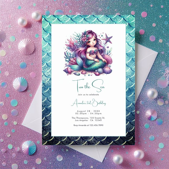 “Two the Sea” Mermaid 2nd Birthday Party Invitation (“Two the Sea” Mermaid 2nd Birthday Party Invitation)