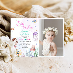 Two The Sea Mermaid Girl 2nd Birthday Photo Invitation