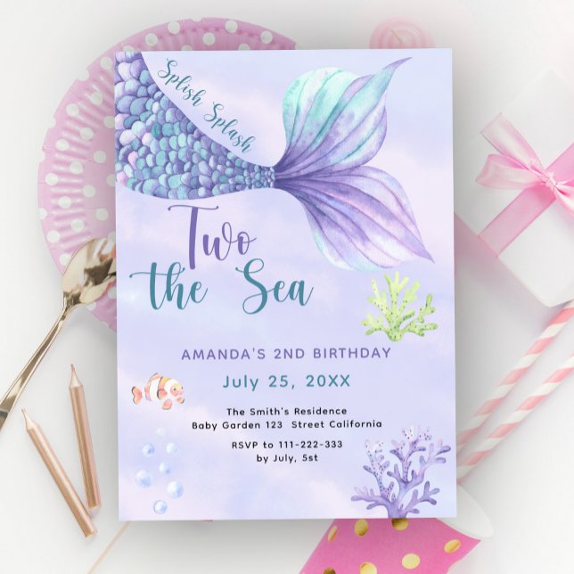 Two the Sea Mermaid Pink Purple 2nd Birthday Invitation (Creator Uploaded)