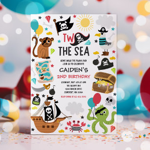 Two The Sea Pirate Ship 2nd Birthday Party Invitation