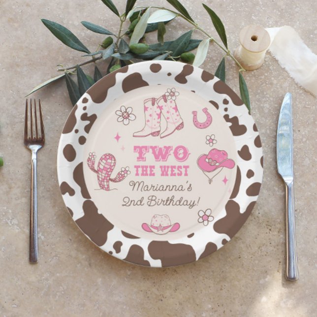 Two the West Cowgirl pink brown 2nd birthday party Paper Plate (Creator Uploaded)