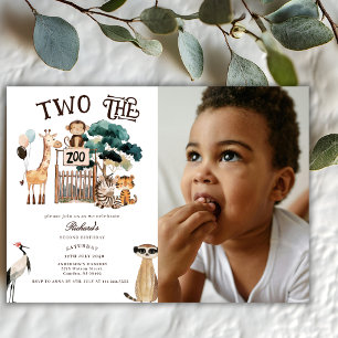 Two The Zoo Animals Safari 2nd Photo Birthday Invitation