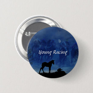 Two Thoroughbred Racehorse Foals Round Pin Button
