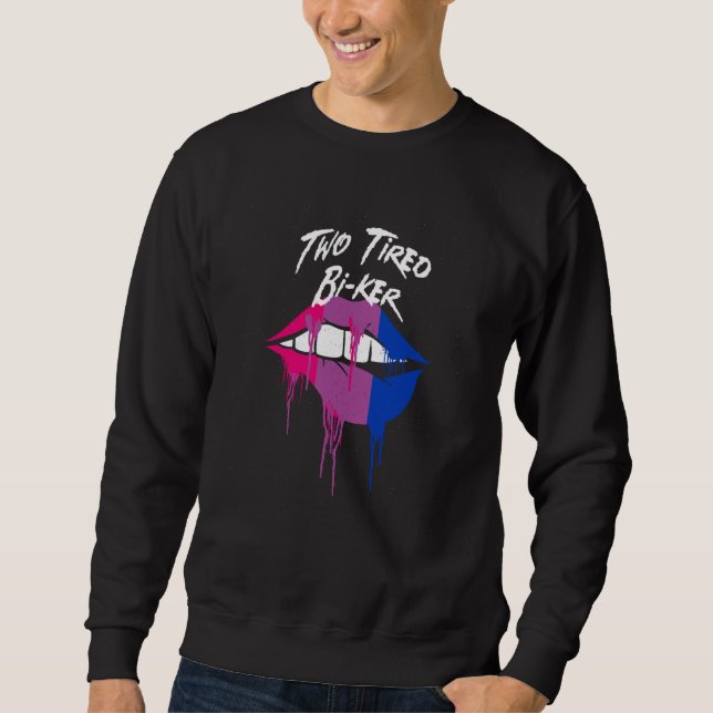 Two Tired Biker Bisexual LGBTQ Bi Pride Pun Biking Sweatshirt (Front)