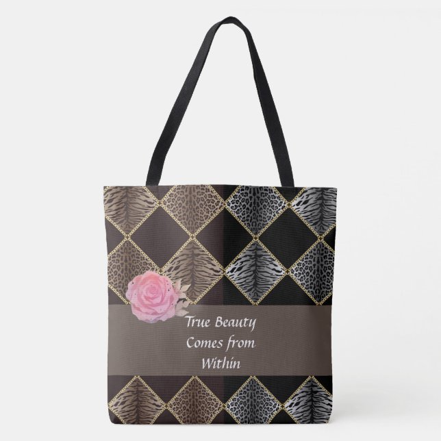 Two-Tone Animal Print Diamond Design Tote Bag (Front)
