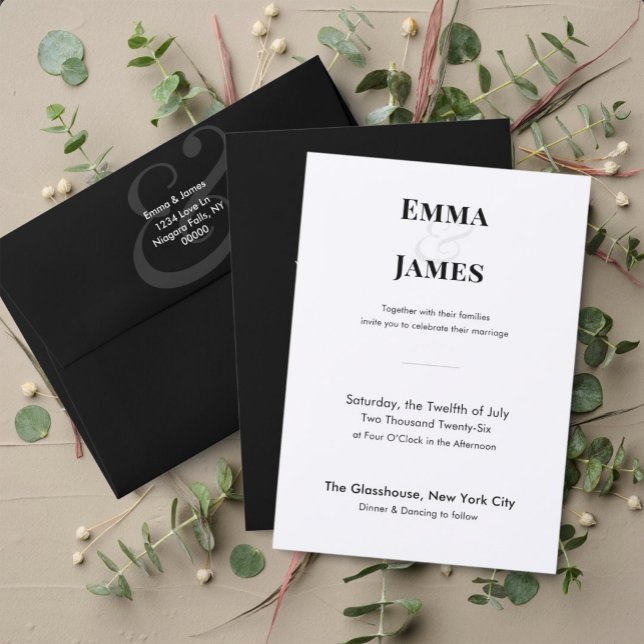 Two-Tone Black Ampersand Wedding Invitation | QR (Classic black and white wedding invitation with crisp modern typography and a clean, elegant look.)