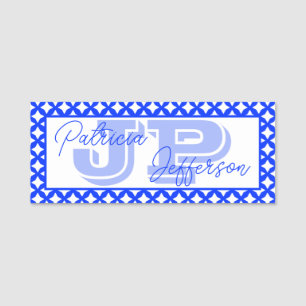 Two Tone Blue and White Mesh Border Monogrammed Name Tag