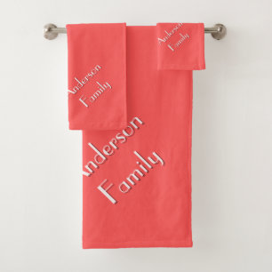 Two-Tone Coral Red Modern Custom Family Name Bath Towel Set
