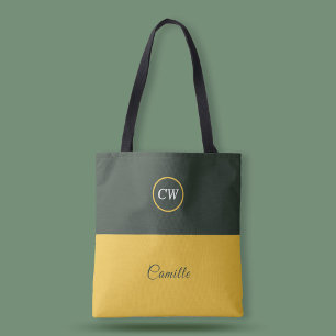 Two Tone Gold & Forest Green Monogram  Tote Bag