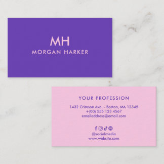 Two-Tone Purple Pink Minimal Clean Monogram Business Card