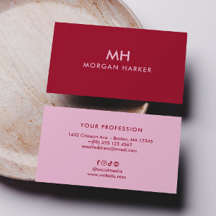 Two-Tone Red Pink Minimal Clean Monogram Business Card