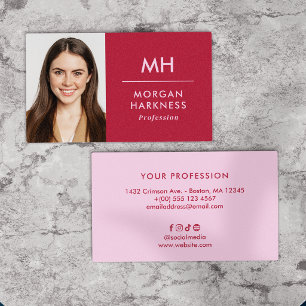 Two-Tone Red Pink Minimal Photo & Monogram Business Card
