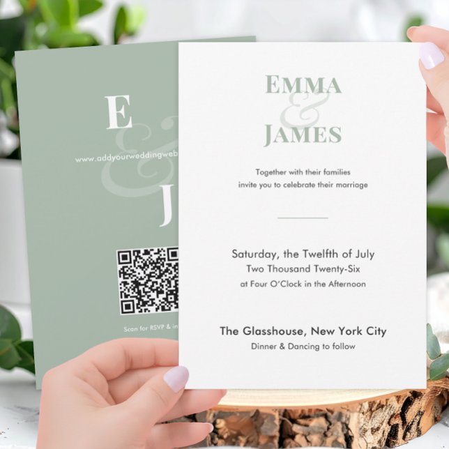 Two-Tone Sage Ampersand Wedding Invitation | QR (Two-tone Sage Minimalist modern wedding invitation featuring elegant typography, a subtle ampersand.)