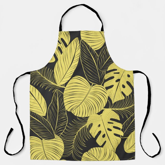 Two Tone Yellow Black Tropical Leaf Seamless Patte Apron (Front)