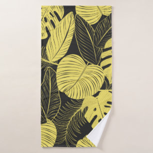 Two Tone Yellow Black Tropical Leaf Seamless Patte Bath Towel