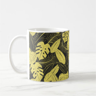 Two Tone Yellow Black Tropical Leaf Seamless Patte Coffee Mug