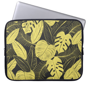 Two Tone Yellow Black Tropical Leaf Seamless Patte Laptop Sleeve