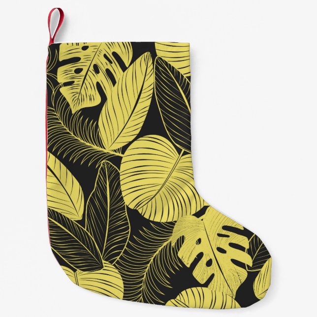 Two Tone Yellow Black Tropical Leaf Seamless Patte Small Christmas Stocking (Front)