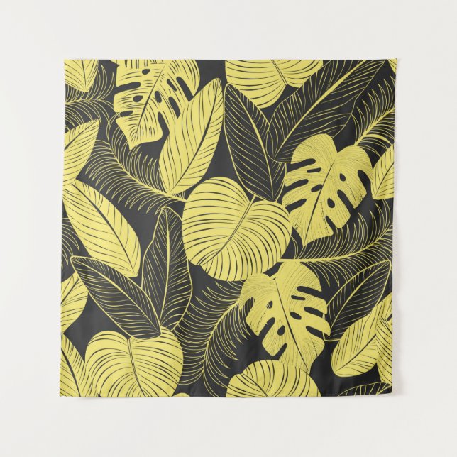 Two Tone Yellow Black Tropical Leaf Seamless Patte Tapestry (Front)