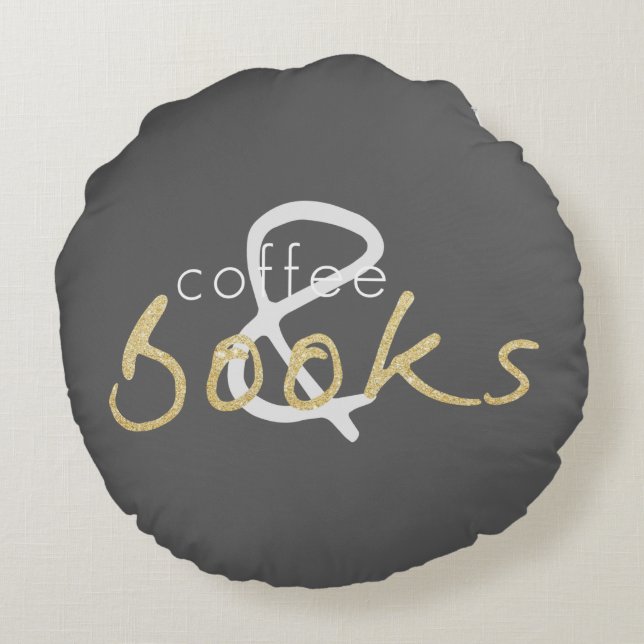 Two Toned Books and Coffee Round Pillow (Back)