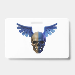 Two-Toned Skull with Blue Stylized Wings ID Badge
