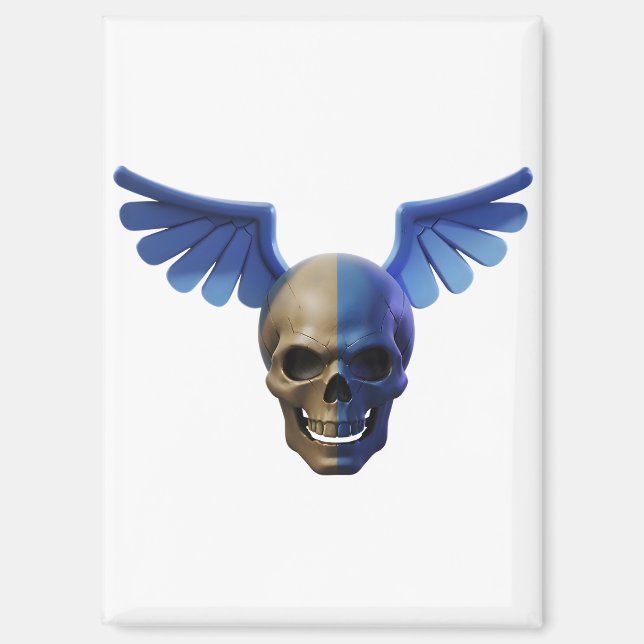 Two-Toned Skull with Blue Stylized Wings Magnet (Front)