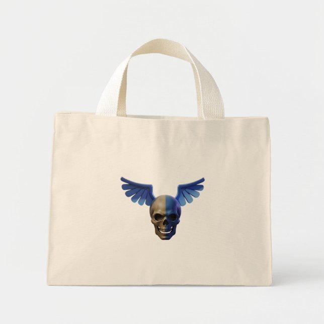 Two-Toned Skull with Blue Stylized Wings Mini Tote Bag (Front)