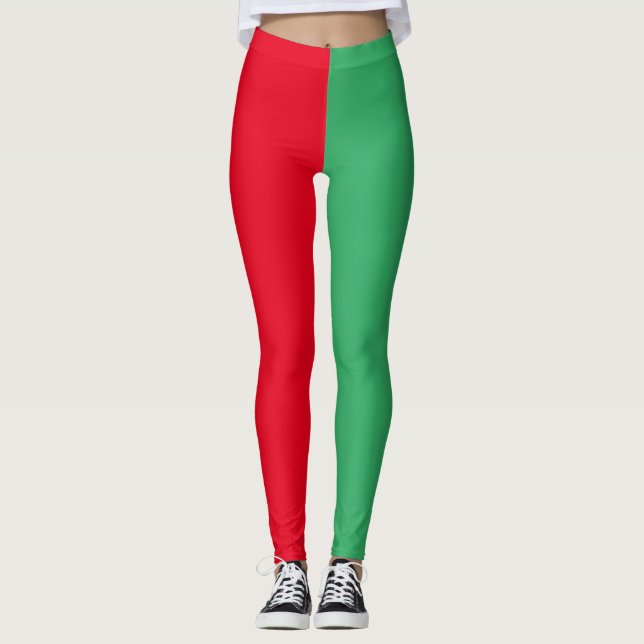 Two Toned Split Colour Half Red and Half Green Leggings (Front)