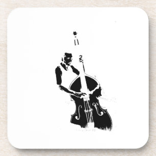 Two Toned Upright Bass Player Outline BW Coaster