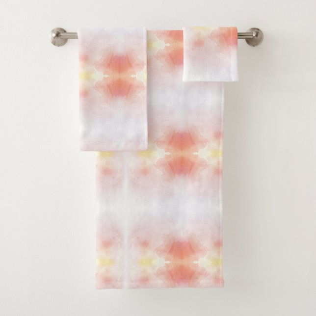 Two towels hang on a rod, featuring a soft pastel  (Insitu)