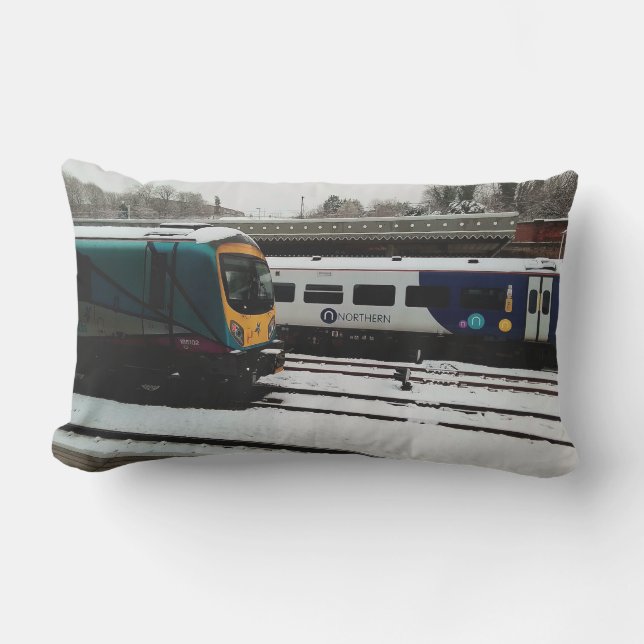 Two trains, in the snow lumbar cushion (Front)