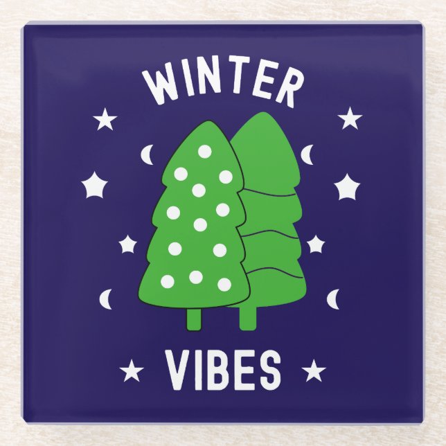 Two Trees Winter Vibes Glass Coaster (Front)