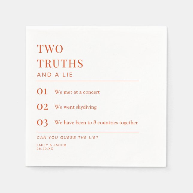 Two Truths and a Lie Fun Fact Wedding Cocktail Napkin (Front)
